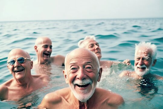 Group of older friends enjoying the water in the sea. Generative AI illustration.