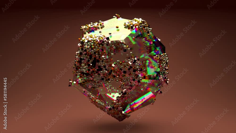 Poster abstract concept. a multi-faceted transparent gem rotates on a golden background. precious particles