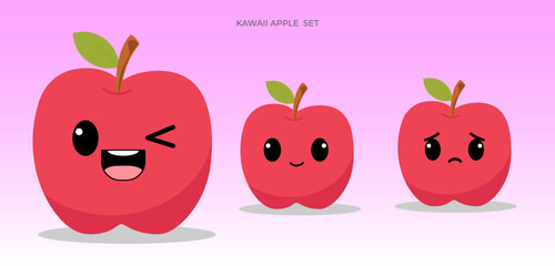 Red apple with kawaii eyes. Flat design vector illustration of a happy red apple
on pink background.