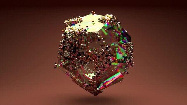 Abstract concept. A multi-faceted transparent gem rotates on a golden background. Precious particles on the stone.