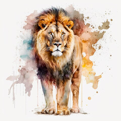 Watercolor lion. Wild predator of the African savannah. Generative AI technology.