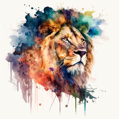Watercolor lion. Wild predator of the African savannah. Generative AI technology.