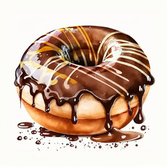Watercolor donut with chocolate icing.Generative AI technology.