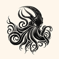 Fototapeta premium Black and White Kraken,Cthulhu,Octopus Silhouette Ornament Vector Art for Logo and Icon