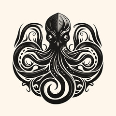 Black and White Kraken,Cthulhu,Octopus Silhouette Ornament Vector Art for Logo and Icon