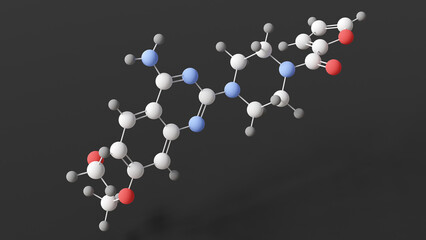 prazosin molecule, molecular structure, alpha-adrenergic blocking agents, ball and stick 3d model, structural chemical formula with colored atoms