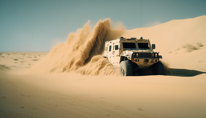 Large military vehicle driving on dunes in desert