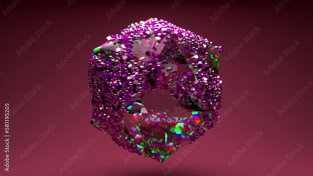 Poster abstract concept. a multi-faceted transparent gem rotates on a purple background. precious particles