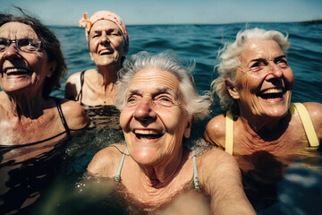 Happy group of senior woman enjoying and swimming in the sea. Generative AI illustration.