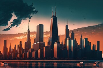 Fototapeta na wymiar chicago city concept skyline at sunset