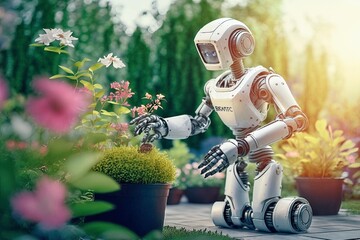 A humanoid robot with scissor - hands trimming a soignée well - manicured garden, flowercore, AI Generated