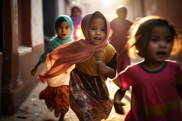 A group of children, dressed in colorful new clothes, run and play together while celebrating the joyous occasion of Eid al-Fitr.