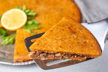 Traditional food of Antakya - Turkey, oruk in the tray. (Turkish name; Tepside icli kofte, tepside oruk, tepsi orugu, sini kofte) Hatay Oruk food.