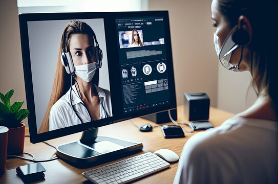 Generative AI Illustration Of Patient Talk Consult With Doctor Using Video Call On Laptop