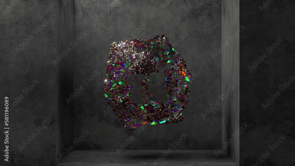 Poster abstract concept. a multifaceted transparent gem rotates on a gray background. change of scenery. pr