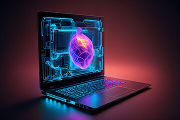 A laptop hologram, showing a futuristic display of interactive technology, generative ai illustration