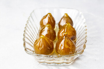 Green fresh fig jam, Turkish dessert. (Turkish name; incir receli)