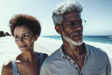 Afro senior couple enjoying summer vacation on beach. Generative AI illustration.