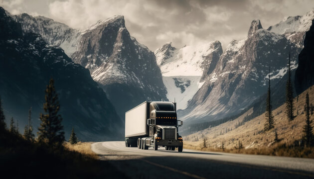 Semi-truck traveling through mountain range
