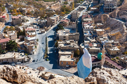 Village Maaloula in Syria with a statue of the Virgin Mary Syria before the war.