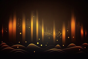 Golden dark yellow abstract glowing background with dots, lines and waves. Generative AI.