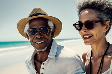Afro senior couple having fun at the beach. Generative AI illustration.