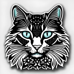 Fototapeta na wymiar Cat sticker, blue eyes, color, shadow, white background, blank background, floral patterns on cat