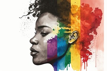 Abstract watercolor portrait of joyful African lesbian with rainbow flag, rendered in a minimalistic style. Generative AI.