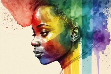 Abstract watercolor portrait of joyful African lesbian with rainbow flag, rendered in a minimalistic style. Generative AI.