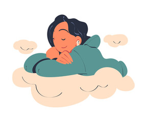 Woman Character Dreaming Imagining and Fantasizing Being in the Clouds Vector Illustration