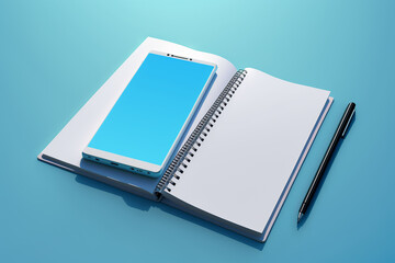 blank open copyspace notepad on blue background, top view, ai generation