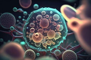 Bacteria seen under a microscope. AI generative.