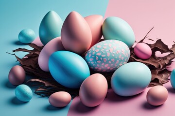 Fototapeta na wymiar Group of pastel colored Easter eggs layer over chocolate splash. Isolated on studio background. Easter Holiday concept. Pastel colors. Generative ai. 