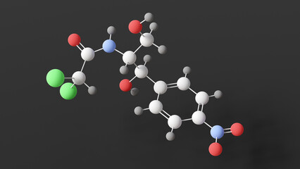 chloramphenicol molecule, molecular structure, antibiotic, ball and stick 3d model, structural chemical formula with colored atoms