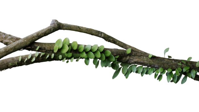 Tropical rainforest Dragon scale fern (Pyrrosia piloselloides) epiphytic creeping plant with round fleshy green leaves growing on jungle liana vine plant