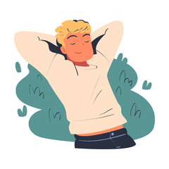 Man Character Dreaming Imagining and Fantasizing Something Lying on Grass Vector Illustration