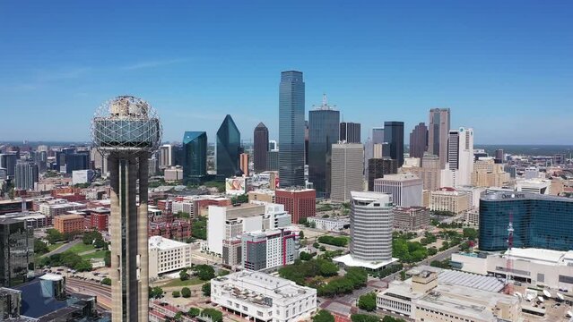 Dallas, Texas / USA - April 8 2020: 4K Drone Aerial Skyline of downtown Dallas with Reunion Tower