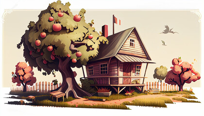 Illustration-of--pastoral-scene-with-house,-tree-isolated-3D-Ai-generated-image