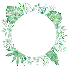 Fototapeta premium Exotic watercolor tropical frame border palm tree. Summer clipart illustration.