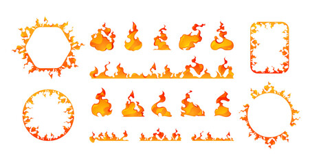 Cartoon fire frames. Square and round flaming figures, burning orange and red borders, game asset 2d elements, ignited edges. Vector isolated set. Various bright burning frames collection © Frogella.stock