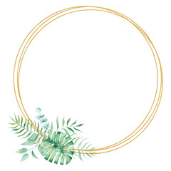Exotic watercolor tropical wreath border palm tree. Summer clipart illustration.