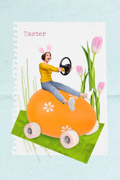 Creative greeting card collage artwork sketch drawn colored orange egg easter holiday driving girl steering wheel isolated on blue background