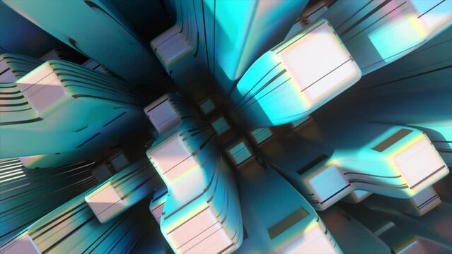 Abstract city. White blue color. Top view of rectangular shapes. Close-up. Dark stripes appear on the pillars. Immersion