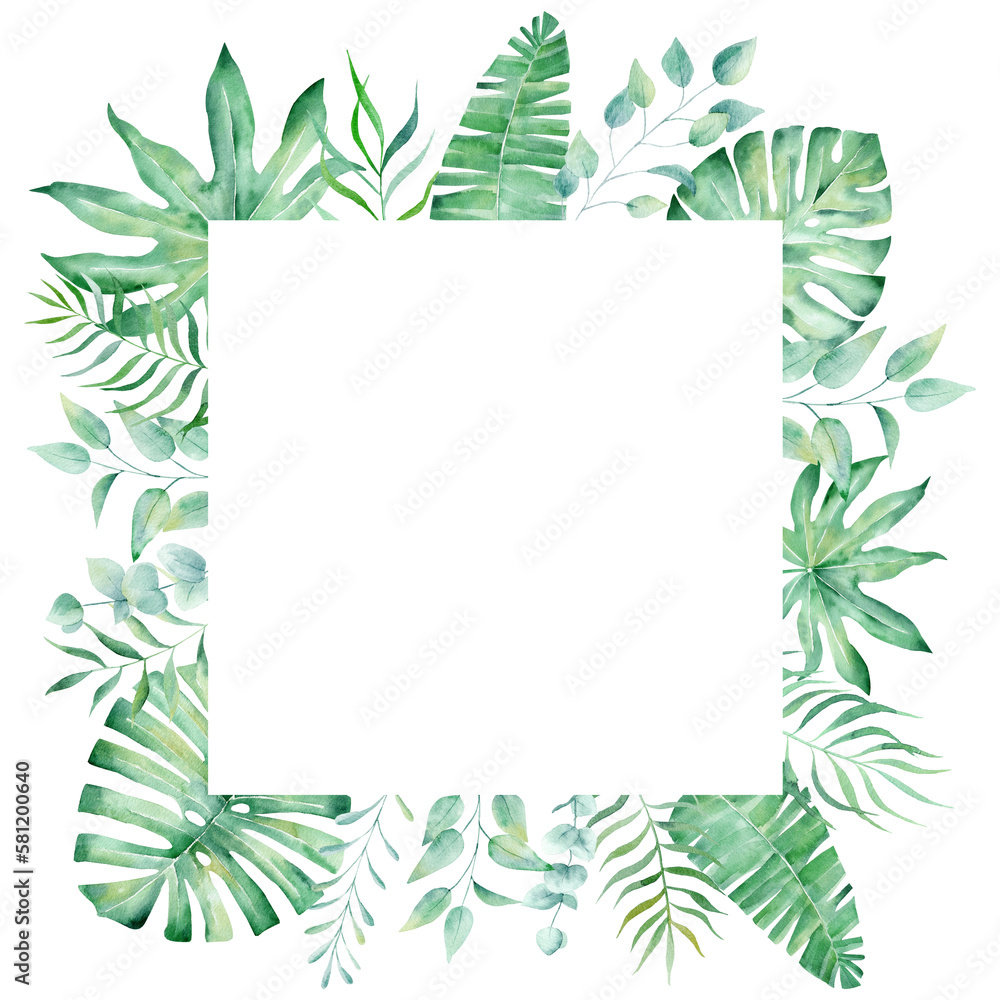 Wall mural exotic watercolor tropical frame border palm tree. summer clipart illustration.