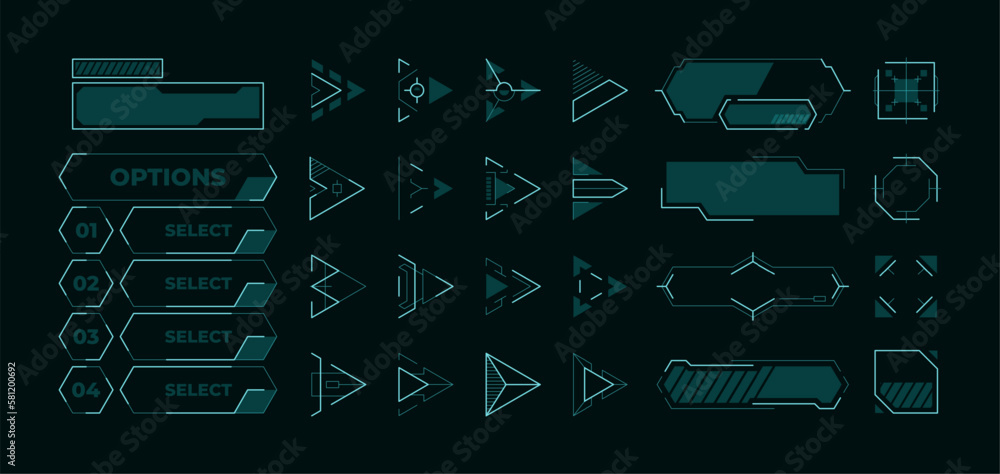 Poster futuristic menu elements. hud buttons frames arrows and cursors for start screen game or application