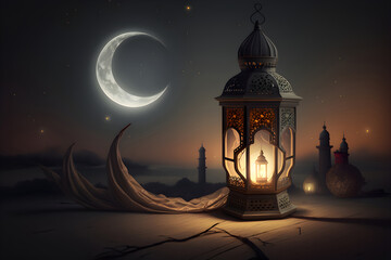 Arabic lantern with burning candle shining at night on a brown wooden table, moon in the evening sky, Ramadan, Generative AI