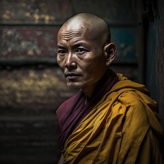 Young tibetan monk, wearing traditional clothing. Ai Generative