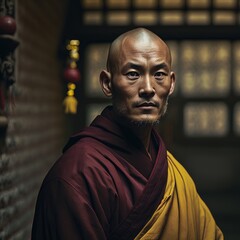 Young tibetan monk, wearing  a robe traditional clothing. Ai Generative.