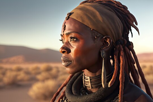 Portrait of a himba woman with desert on background, Ai Generative.