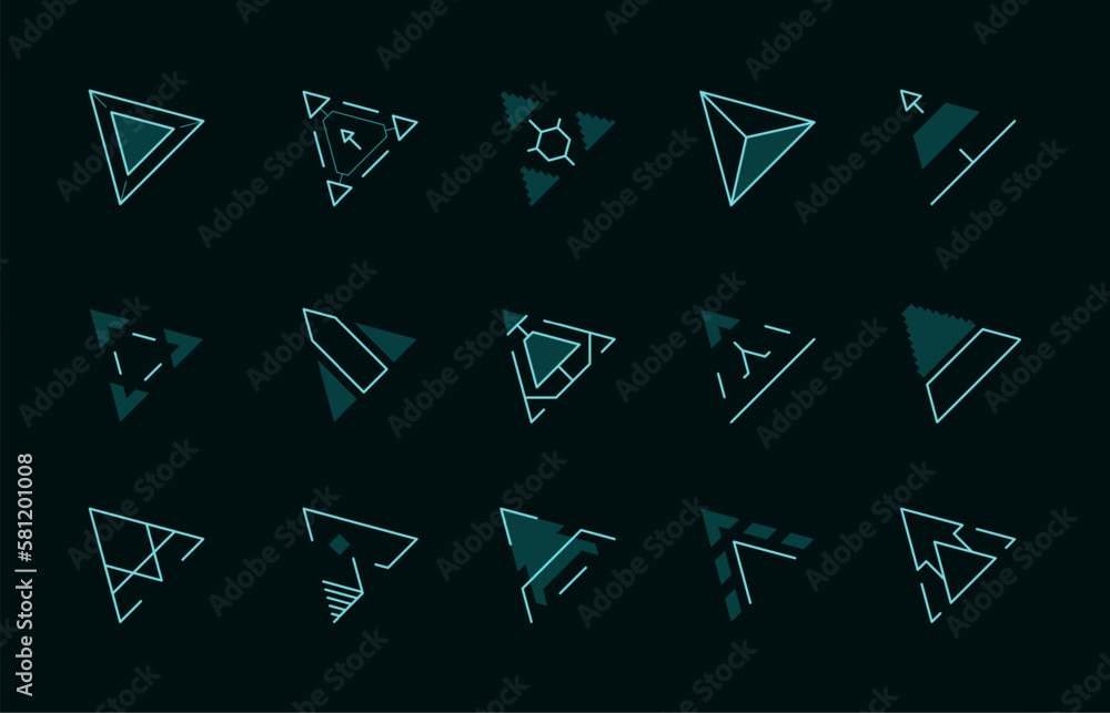 Poster hud game cursor. game interface pointer sign for selection and press action, stylized futuristic neo
